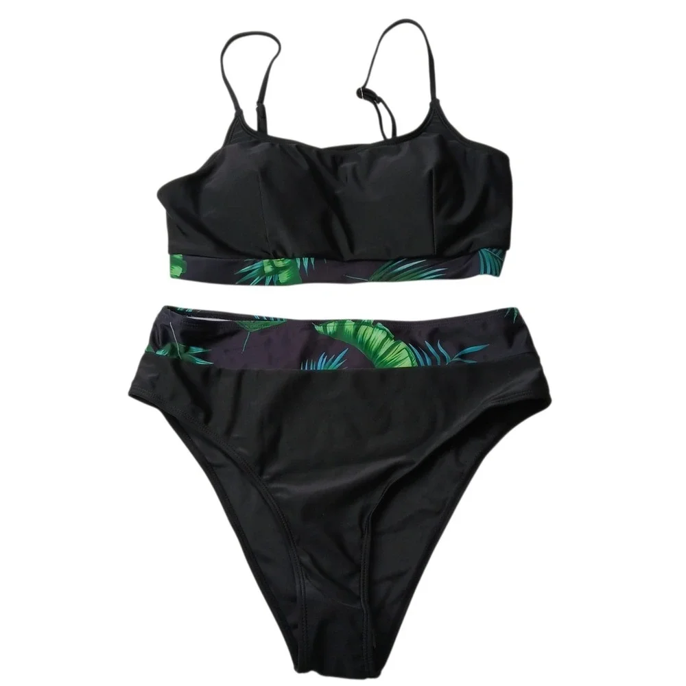 3-Piece High Waisted Bikini Set with Tropical Palm Leaf Kimono Cover Up Large